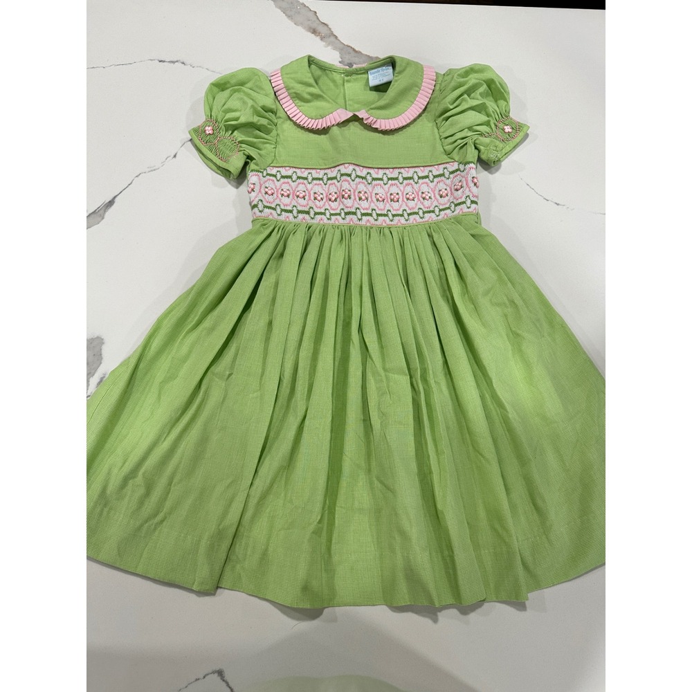 Classic Green Smocked Girls' Dress with Pink Trim